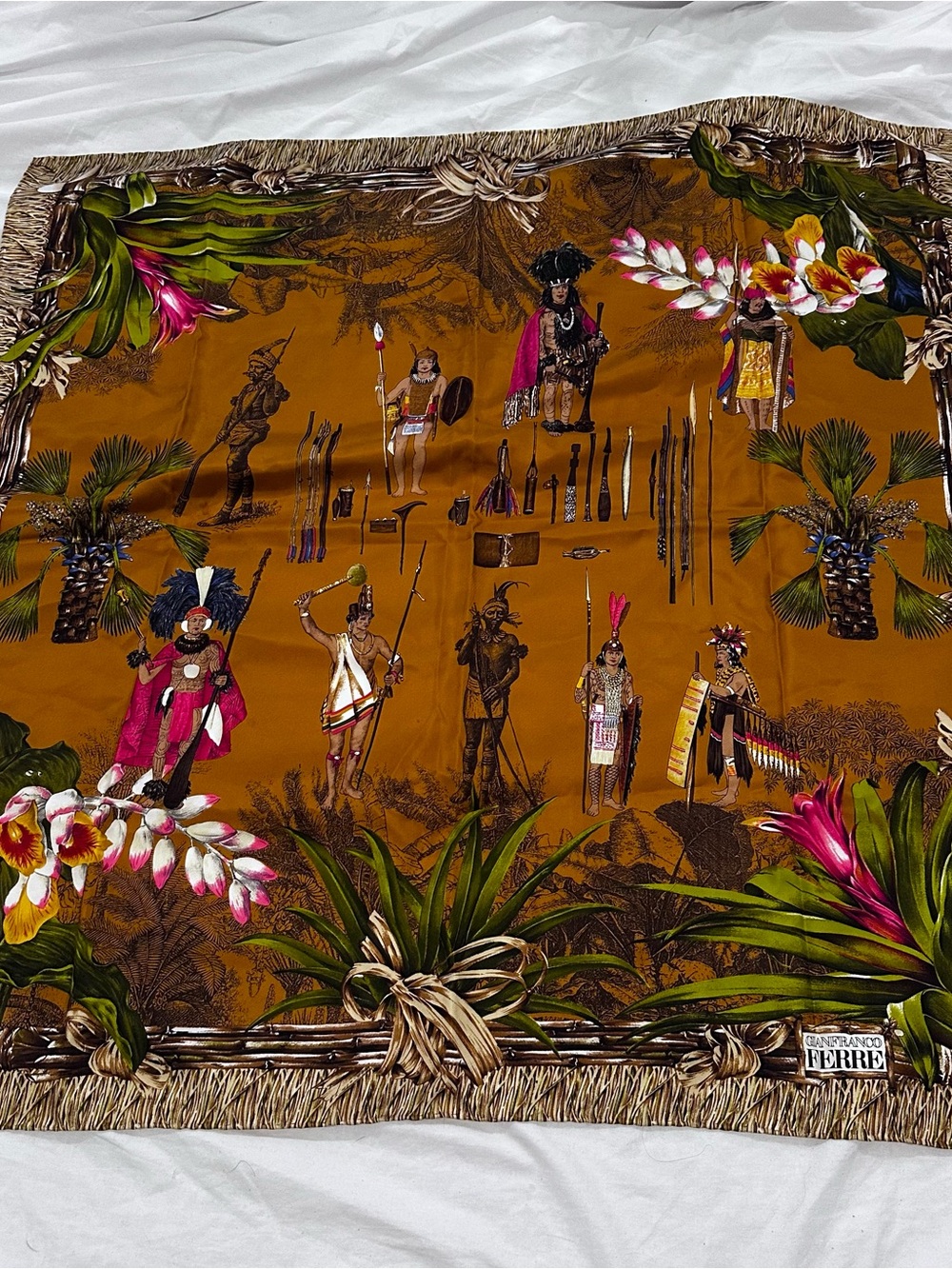 Gianfranco Ferre silk scarf featuring an Amazon jungle tribal motif